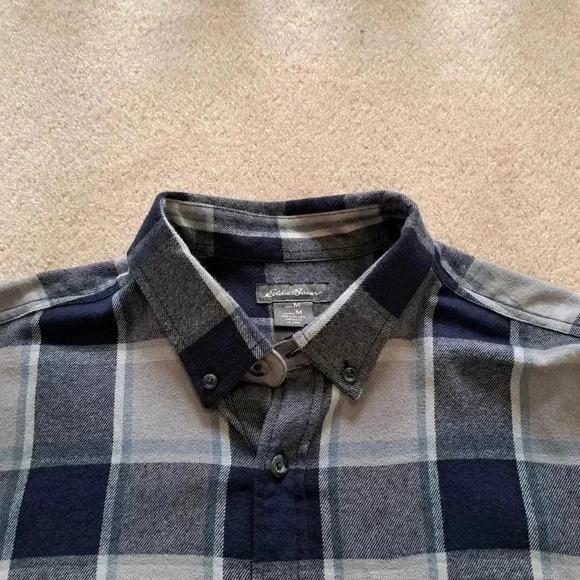 Eddie Bauer Flannel Shirt Blue Grey Plaid Men's Medium Button Up Shirt - Picture 11 of 12